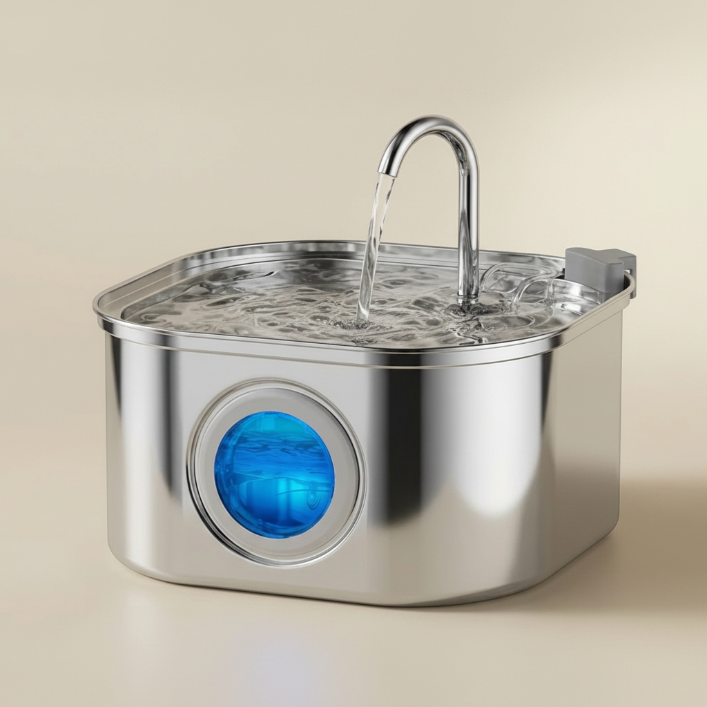 A stainless steel water filter pitcher with a curved faucet spout pouring water into a top tray, featuring a circular blue window on the front and a gray filter cartridge on the side, set against a solid beige background.