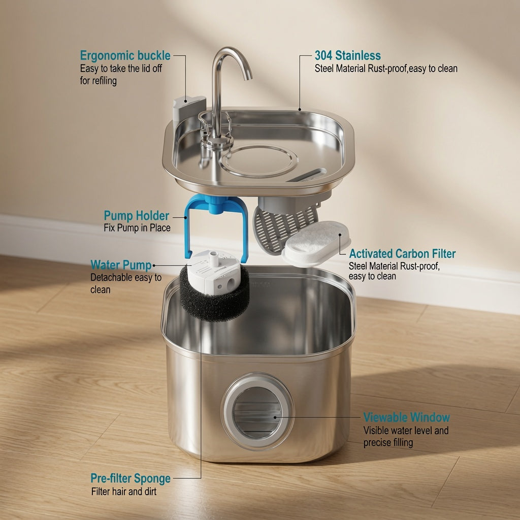 Premium Stainless Steel Cat Water Fountain - Ultra-Quiet